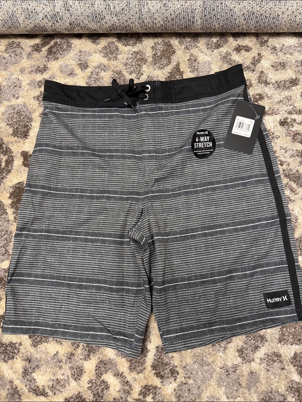 Hurley Black and Gray Striped 4-Way Stretch Board Shorts